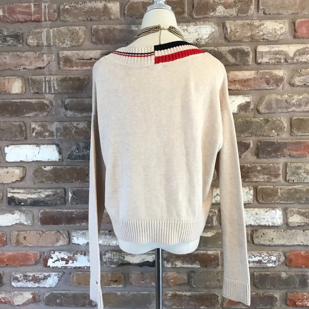 Tommy Hilfiger TOMMY JEANS Beige V-Neck Sweater Red & Black Striped Neckline M